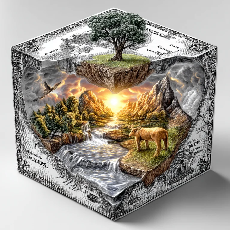 A diorama-like scene is presented within a cube, depicting a