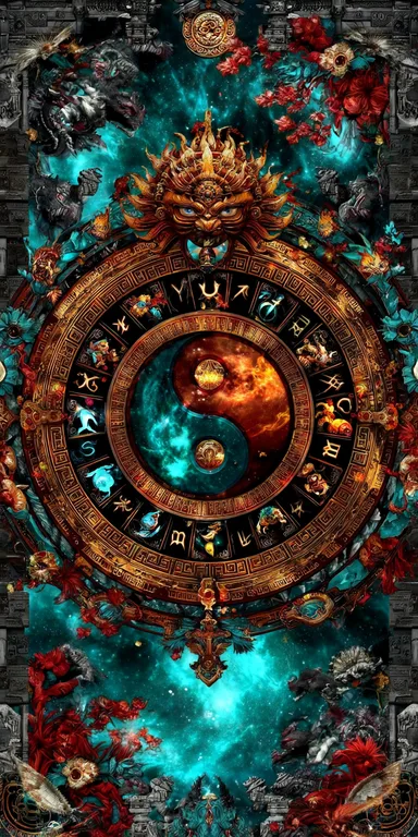 An intricate and ornate circular emblem, reminiscent of an