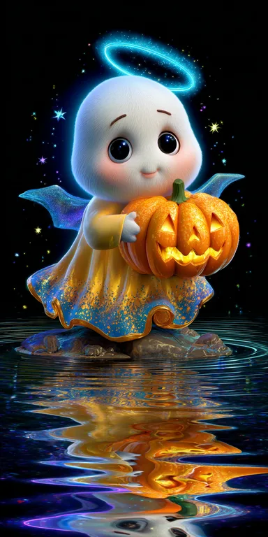 A cute, fluffy ghost character with a blue halo and iridescent wings