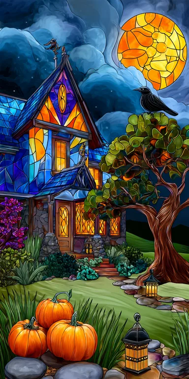 A spooky, stained-glass style house is illuminated by a large,