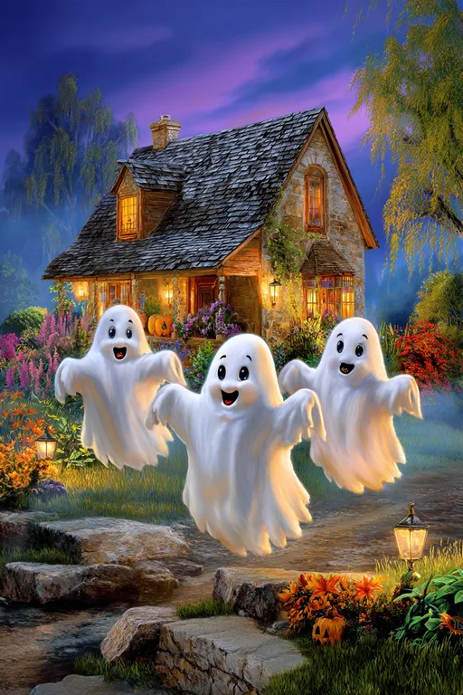 Three friendly, cartoonish ghosts float joyfully in front of a