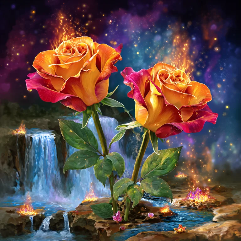 Two vibrant roses, one with fiery orange petals and the other with