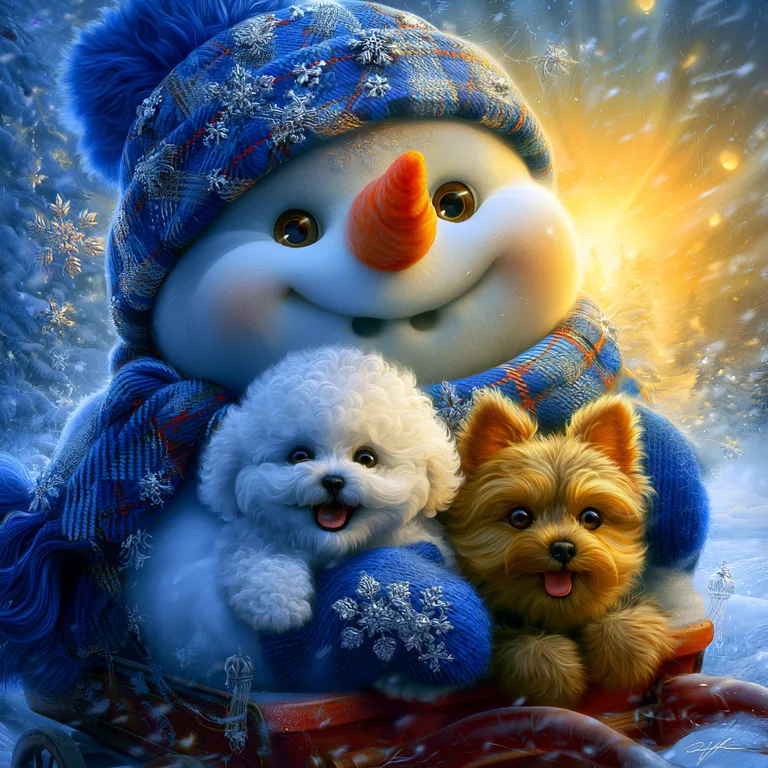 A cheerful snowman wearing a blue knitted hat and scarf is sitting in