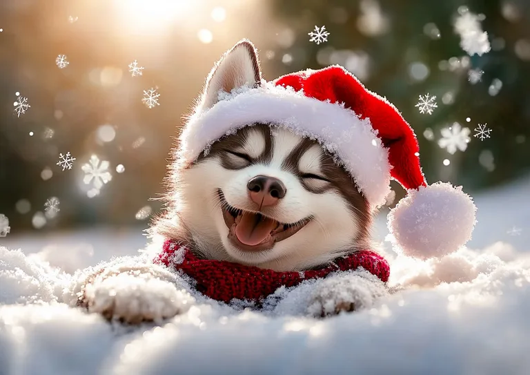 A happy husky puppy wearing a Santa hat and a red scarf is peeking