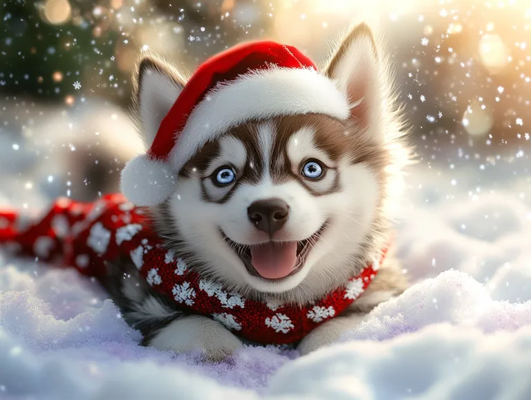 A fluffy husky puppy wearing a Santa hat and a festive scarf lies in