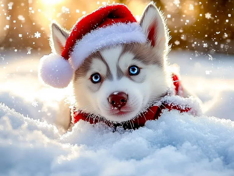 A fluffy husky puppy wearing a Santa hat and a red scarf is peeking