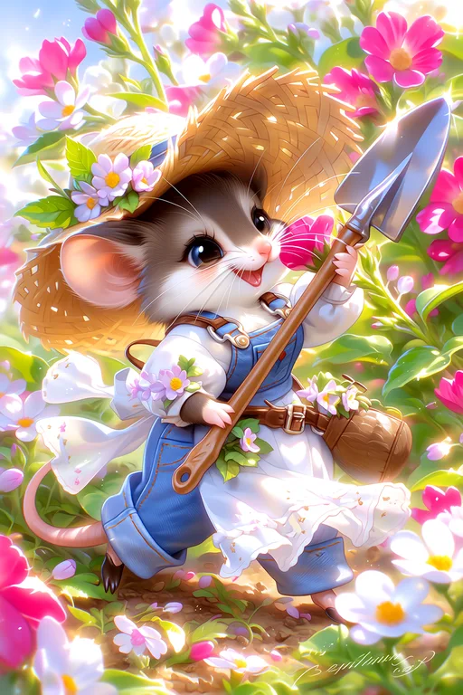 A charming anthropomorphic mouse dressed as a gardener is holding a