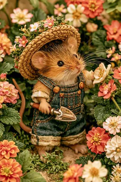 A charming mouse dressed in denim overalls and a straw hat adorned