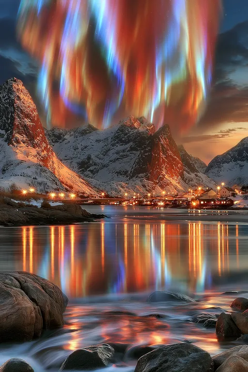A breathtaking view of snow-capped mountains under a vibrant aurora