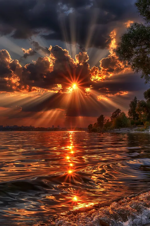 A dramatic sunset casts brilliant rays of light through dark,