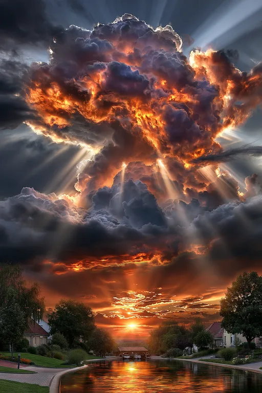 A dramatic sky filled with fiery, illuminated clouds looms over a
