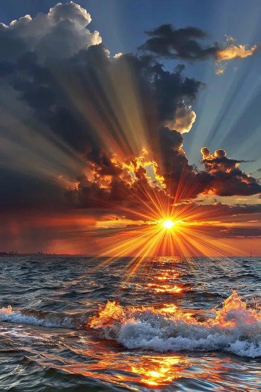 A dramatic sunset over the ocean, with brilliant sun rays bursting