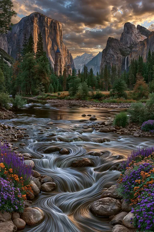A majestic mountain valley with a river flowing through it, leading
