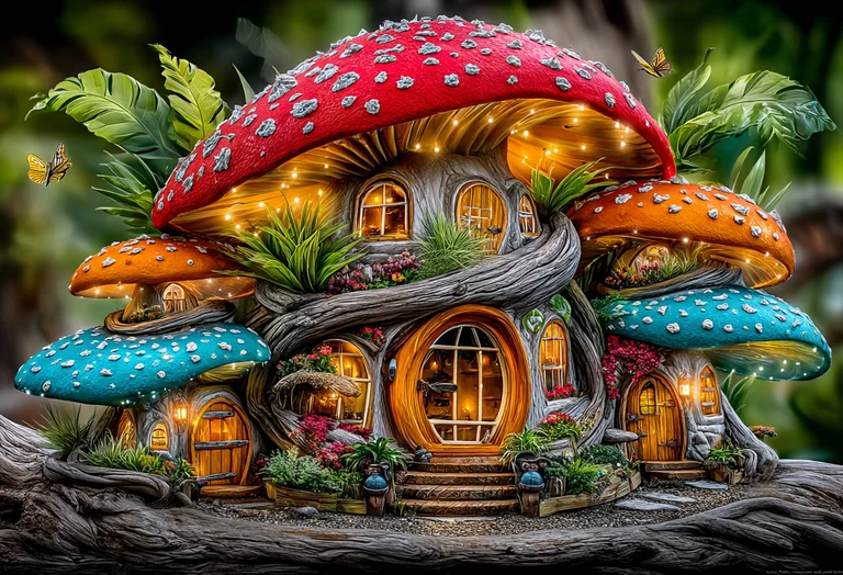 A whimsical mushroom house nestled in a lush forest
