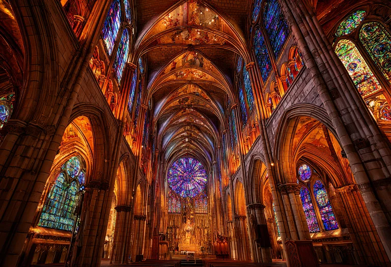 The interior of a grand cathedral is illuminated by the warm glow of