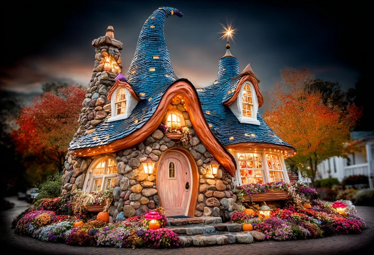 A whimsical, storybook-style cottage with a crooked, pointed roof and