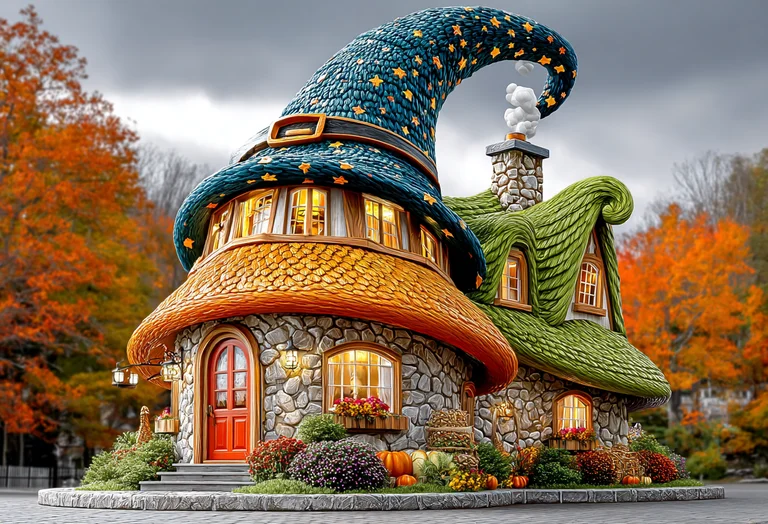 A whimsical wizard's cottage is nestled amongst trees ablaze with