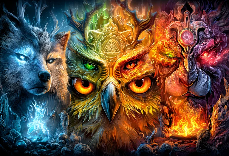 A triptych of mythical creatures, each representing a different