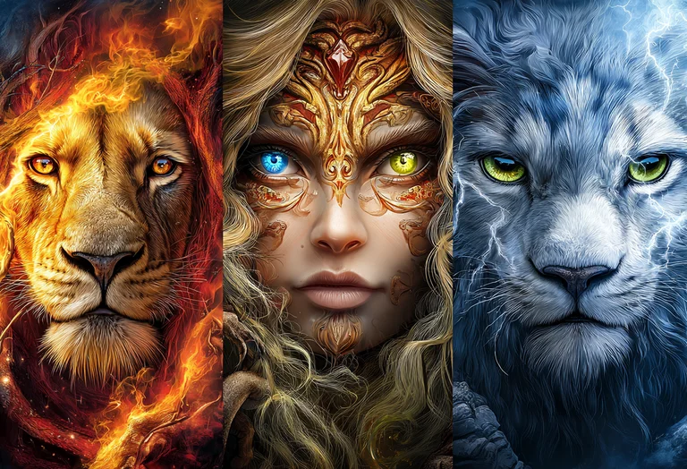 A triptych featuring a majestic lion engulfed in flames, a mystical