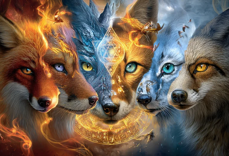 A mystical depiction of four foxes, each representing a different