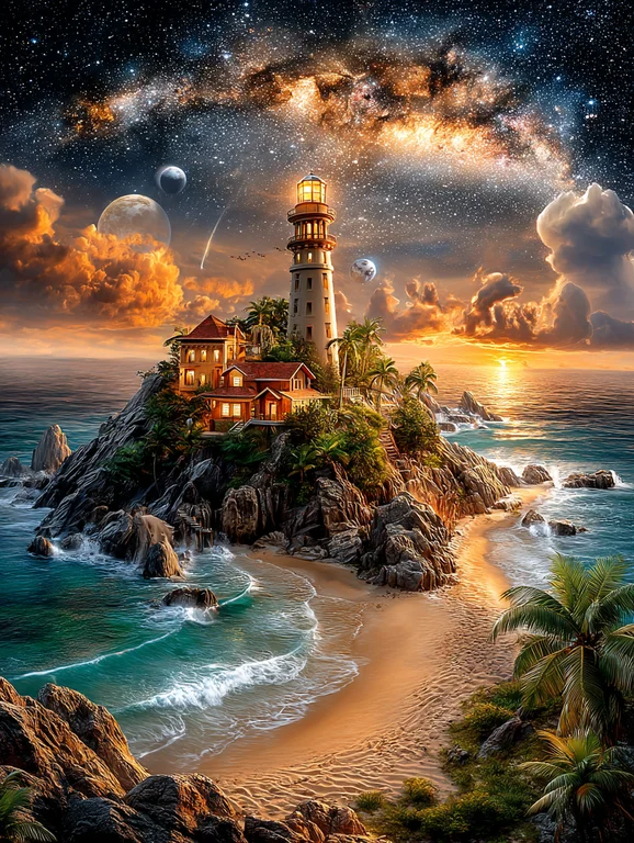 A majestic lighthouse stands tall on a rocky island, overlooking a