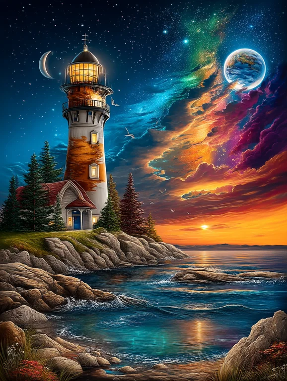 A majestic lighthouse stands tall on a rocky coast, bathed in the