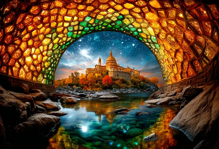 A breathtaking view through a stained-glass archway reveals a