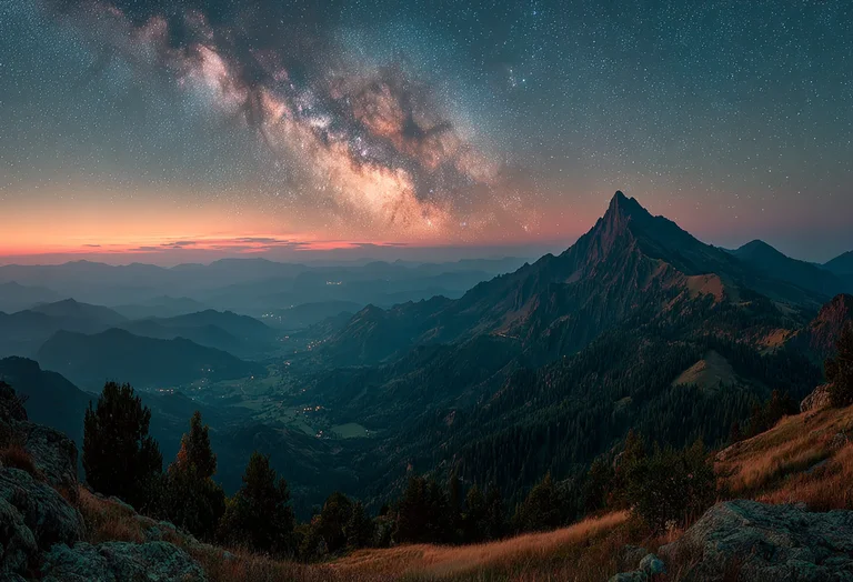 A breathtaking mountain landscape unfolds under a vast, star-filled