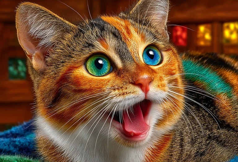 A close-up, highly detailed portrait of a calico cat with striking