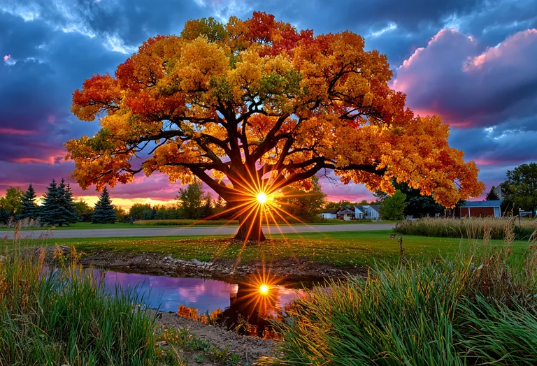 A majestic oak tree with vibrant autumn foliage stands prominently in