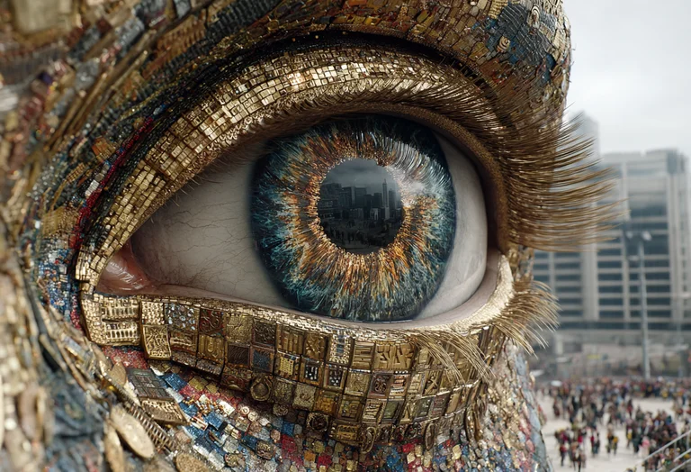 A hyper-realistic, extreme close-up of a colossal eye, intricately
