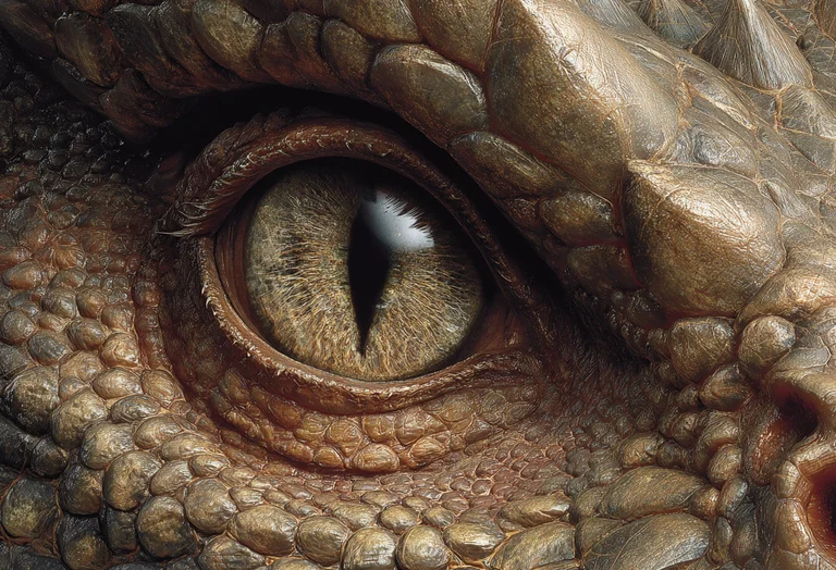 A close-up, extreme detail shot focuses on the reptilian eye of a