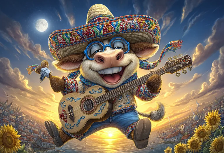 A cheerful cartoon cow wearing a colorful sombrero and playing an