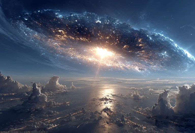 A breathtaking view of a swirling galaxy seen from above the clouds