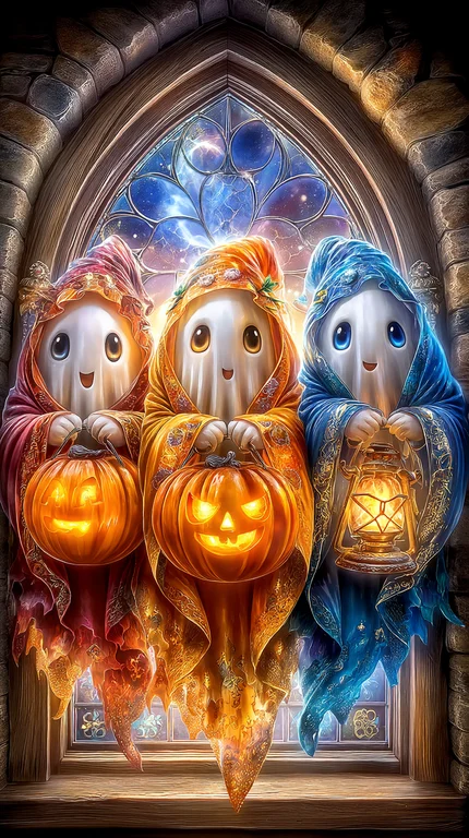 Three adorable ghosts are dressed in ornate, flowing robes and stand