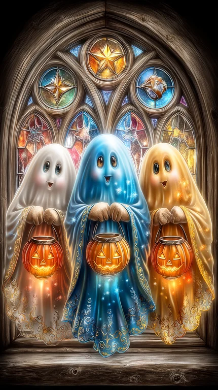 Three adorable ghosts stand in front of a stained-glass window, each