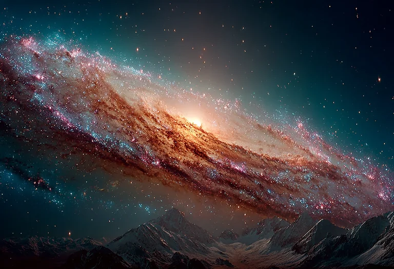 A breathtaking view of a spiral galaxy dominates the sky above a