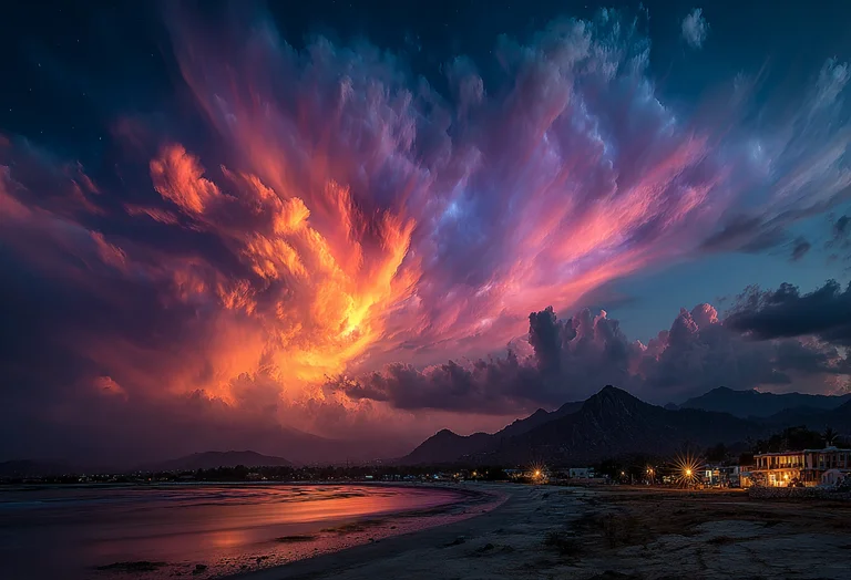A dramatic sunset paints the sky with vibrant hues of orange, pink,