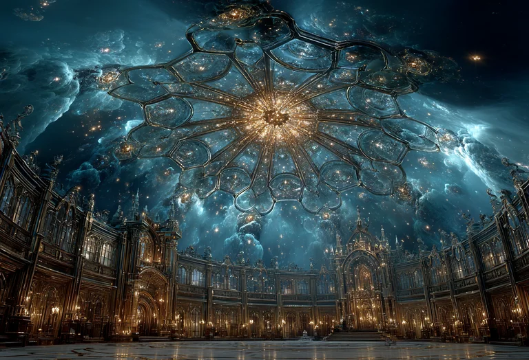 An opulent, grand hall with ornate architecture opens up to a