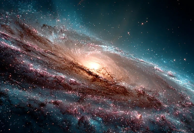 A stunning spiral galaxy dominates the frame, its arms swirling with