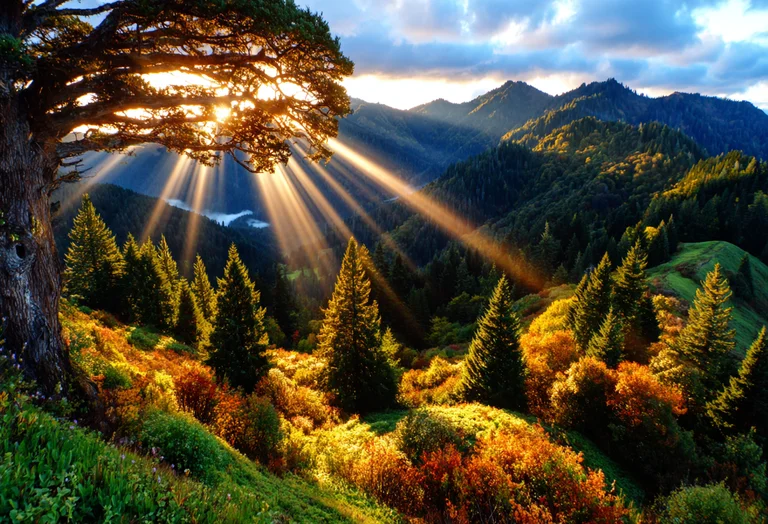 A majestic mountain range is bathed in the warm glow of the setting