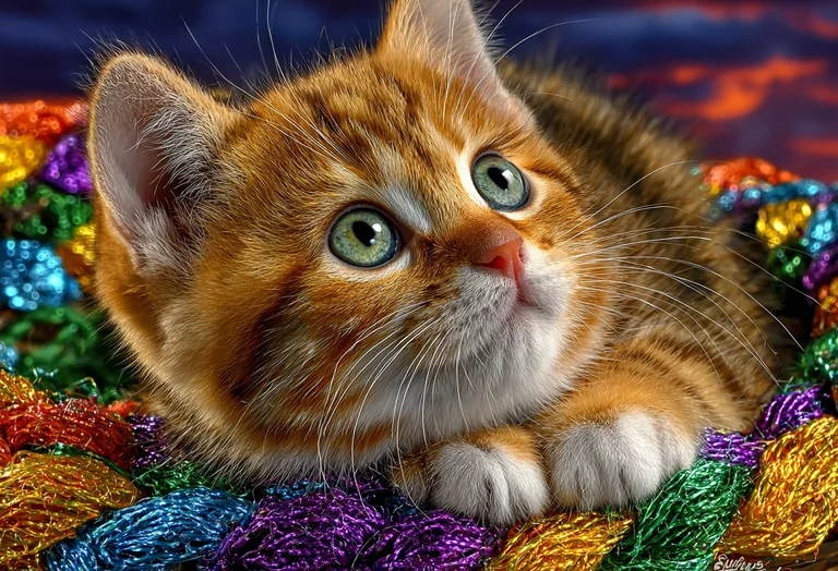 A close-up, photorealistic image of a ginger tabby kitten with