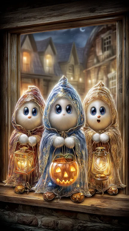 Three adorable, fluffy creatures dressed in hooded cloaks stand in a