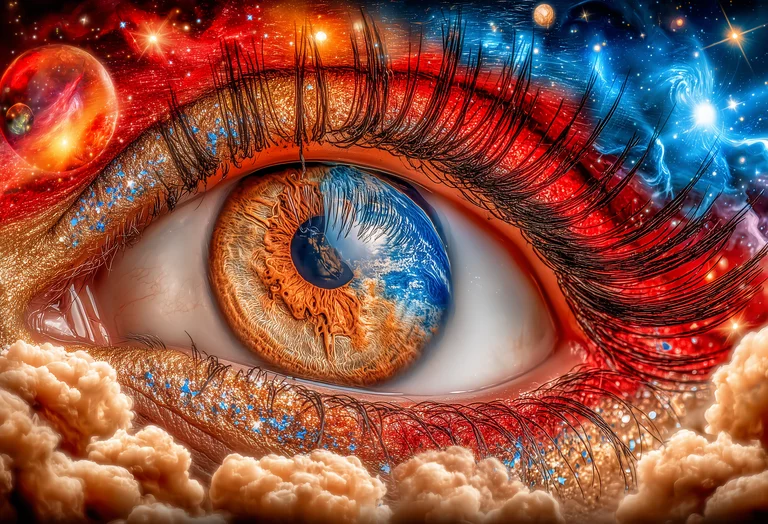 A close-up of a human eye, with the iris reflecting a cosmic scene of