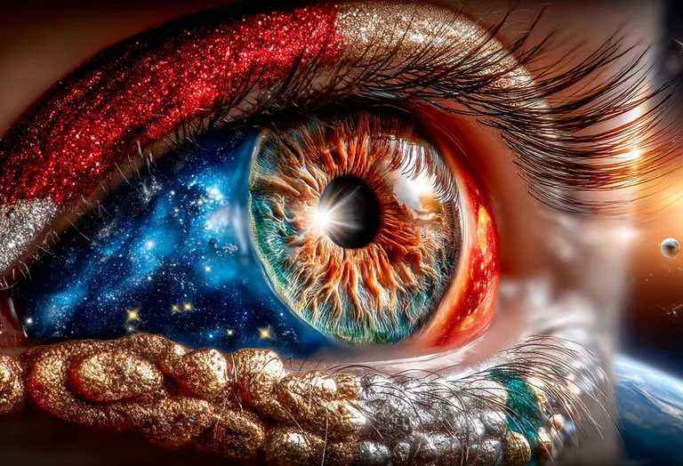 A close-up, extreme macro shot of a human eye that reflects a cosmic