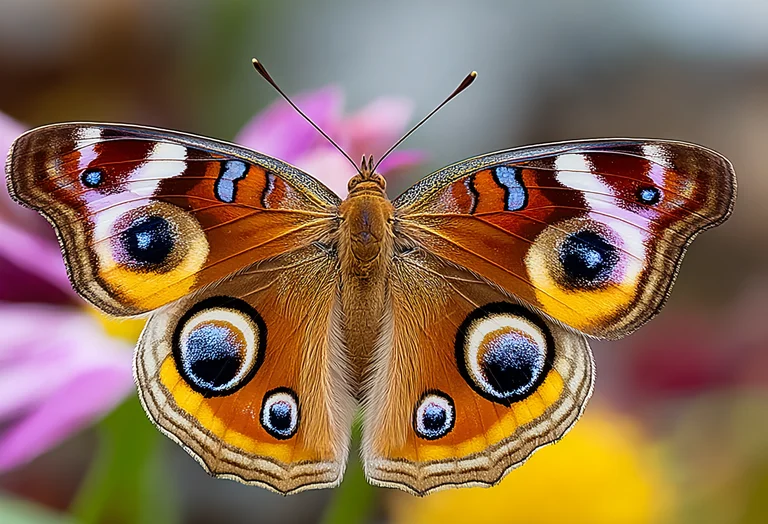 A close-up, photorealistic image of a Peacock butterfly