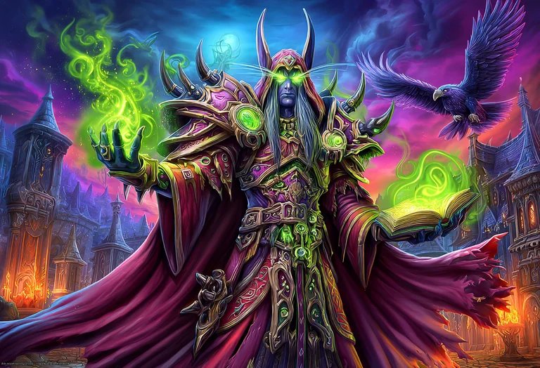 A powerful sorcerer stands in a magical city, casting spells with