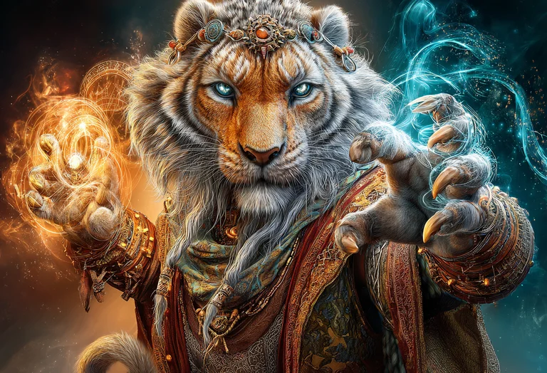 A majestic white tiger, adorned in ornate golden and jewel-encrusted