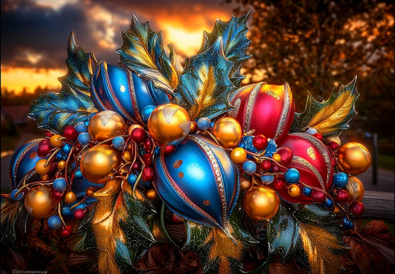 A close-up, highly detailed view of a festive Christmas ornament