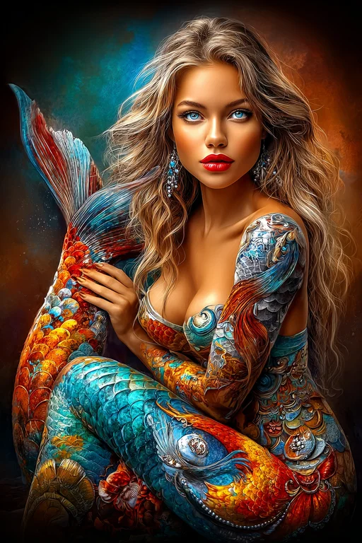 A stunningly detailed mermaid with vibrant, iridescent scales covers